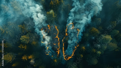 Aerial top view forest tree of ecological disaster of fires Lungs from forest trees and fire concept Ecology and environment creative idea Breath of planet earth. Copy space illustration photo