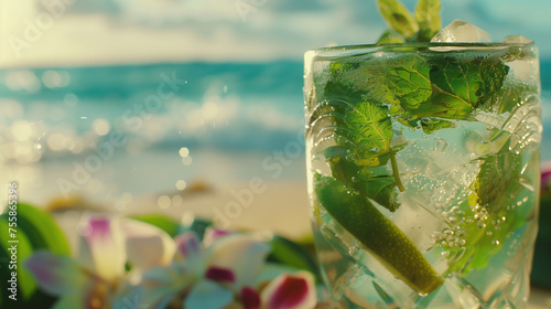 Close-Up Tropical Mojito on Beach. Close-up of a refreshing mojito on a tropical beach, ideal for travel and summer concepts.
