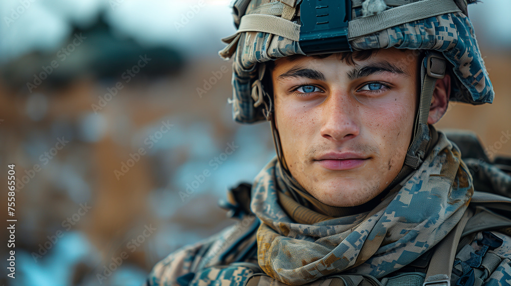 Portrait of a young man soldier. ( AI generated ) 