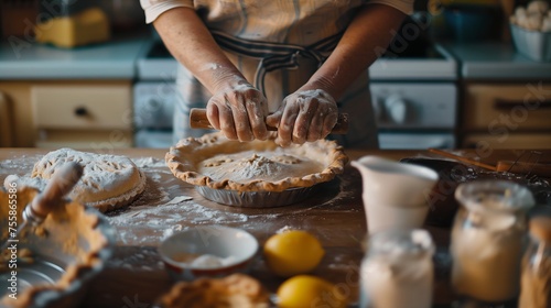 Close-up of baker making pie in domestic kitchen