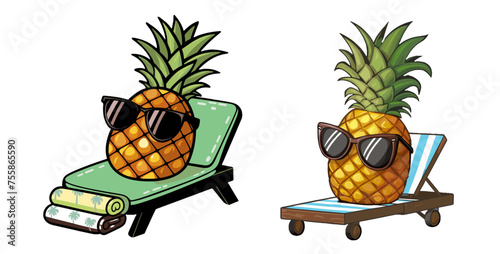 Pineapple wearing sunglasses and sitting on a sun lounger on summer season vector illustration, Generative Ai