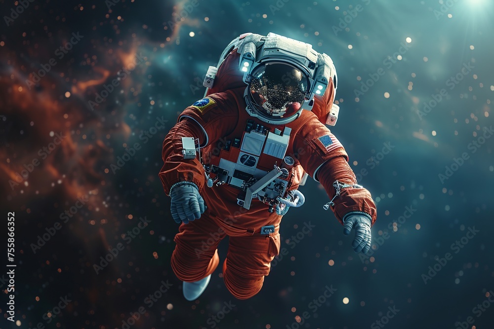 This detailed artistic rendering captures an astronaut clad in a bold red space suit, floating gracefully against the backdrop of space, perfectly embodying the essence of weightlessness and the seren