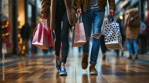 Close-up of the lower half of two shoppers walking with multiple colorful shopping bags in their hands