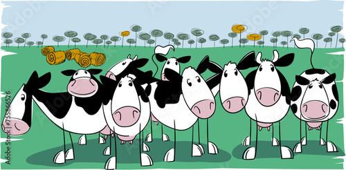 Herd of dairy cows holstein breed in humoristic illustration in a meadow grazing walking and looking towards the observer and isolated illustration