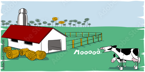 Dairy cow and her little calf say moo in front of the cow barn and balls of hay or fodder in a large meadow on a summer day