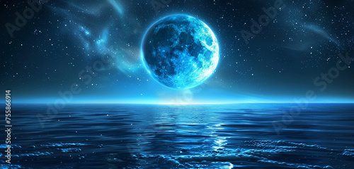 A celestial sphere in vibrant indigo, floating above the endless expanse of a calm, starry sea