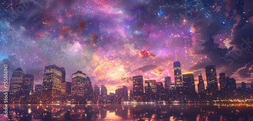 A city skyline at dusk blended with a galaxy-filled sky, for a double exposure urban fantasy, in purple and gold
