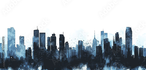 A cityscape at twilight, with buildings outlined in black ink against a dusky blue sky, starkly urban, isolated on white background photo
