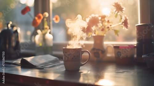 Wooden table with hot coffee cup and fresh flowers near window