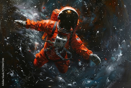 This detailed artistic rendering captures an astronaut clad in a bold red space suit, floating gracefully against the backdrop of space, perfectly embodying the essence of weightlessness and the seren © Silvana