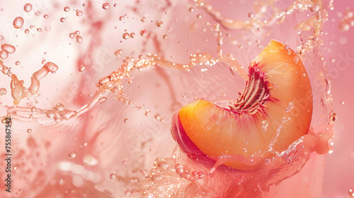 A juicy slice of peach in a splash of rose water, on a pink background. © Yury Fedyaev
