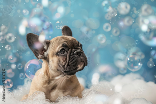 French Bulldog Puppy's Bubble Bath. A French Bulldog puppy looks on in wonder at floating soap bubbles during a playful bath time, with a backdrop of soft blue.
