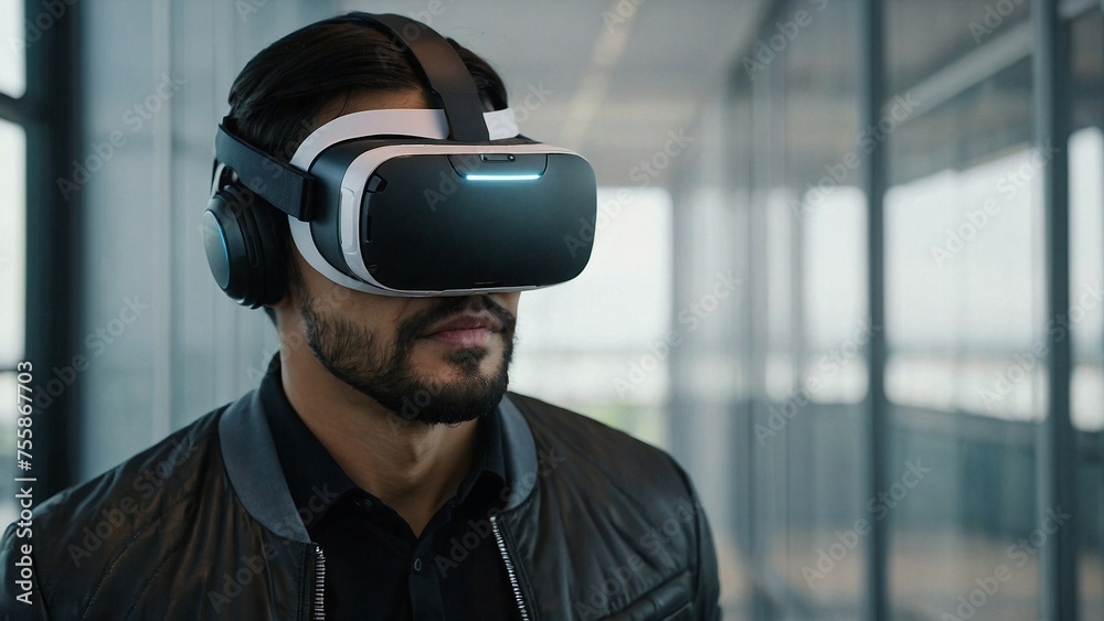 A man wearing a virtual reality headset showing advancement of technology like Apple Vision Pro. Peak of artificial intelligence and cyber security. A man wearing a virtual reality headset showing advancement of technology like Apple Vision Pro. Peak of artificial intelligence and cyber security.