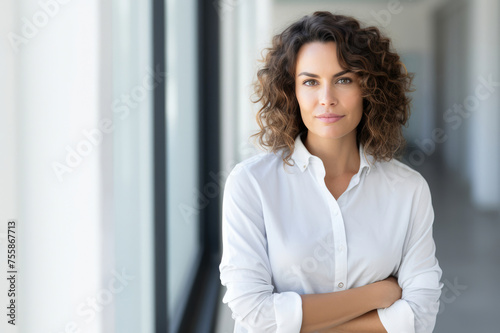 Free Download Confident professional woman in white shirt, with a modern office background, exuding leadership. - GFXLoad