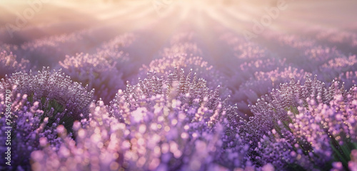 A detailed, a sprawling, lavender field under a soft, early morning light, with dew highlighting each petal and leaf