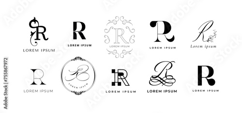 Creative R emblem. Letter r monogram for romantic, retro or rainbow style branding template. Business name initial vector icon set