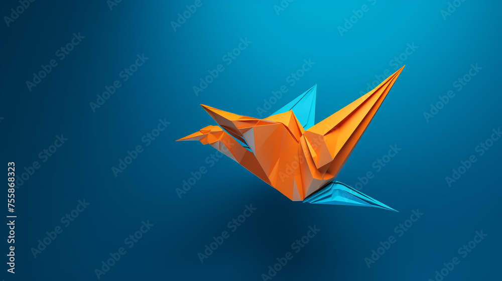Fototapeta premium orange origami bird flying on a blue background сreated with Generative Ai