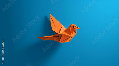 orange origami bird flying on a blue background   reated with Generative Ai