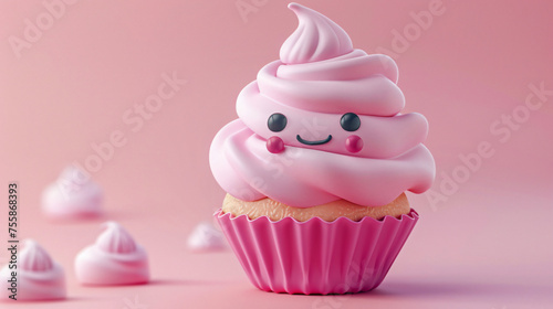 3d Cute Cartoon Pink Pink Cupcake Character