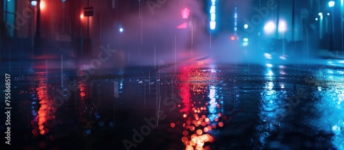 Dark street reflection on the wet pavement with neon light