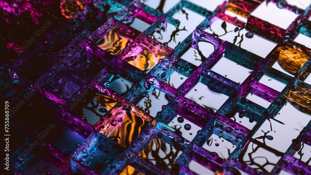 Fototapeta premium An abstract digital modern background with glass squares and water droplets