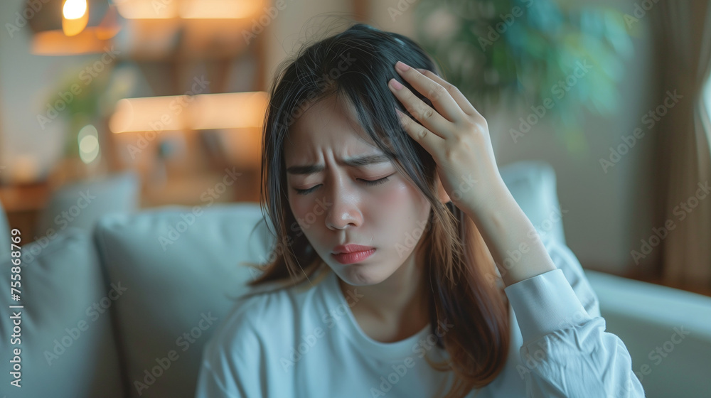 Dizzy asian young woman, girl headache or migraine pain suffering from vertigo while sitting on couch in living room at home, holding nose with hand, health problem of brain or inner ear not balance Dizzy asian young woman, girl headache or migraine pain suffering from vertigo while sitting on couch in living room at home, holding nose with hand, health problem of brain or inner ear not balance