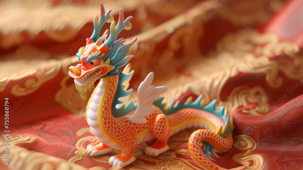Miniature Chinese dragon on a traditional red and gold background