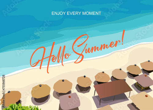 Hello Summer Tropical Sea beach background, landscape with sand beach, sea water edge and umbrellas aerial view. Colorful vector art illustration, banner, wallpaper.	