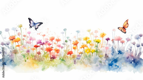 watercolor minimalist wildflowers and butterflies on white background