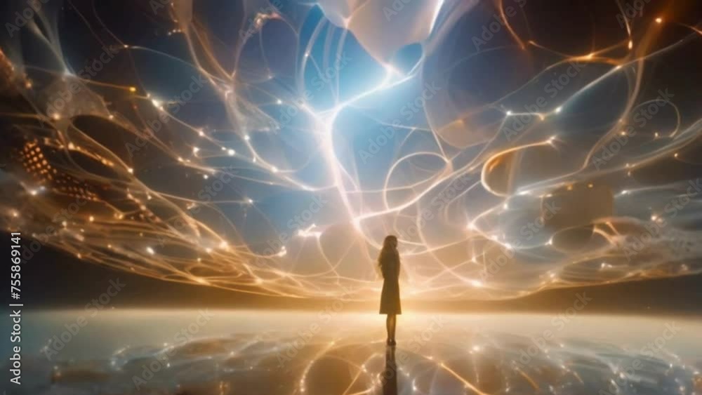 a surreal dreamscape inspired by quantum entanglement, with entwined patterns and shimmering particles symbolizing interconnectedness at a fundamental level.