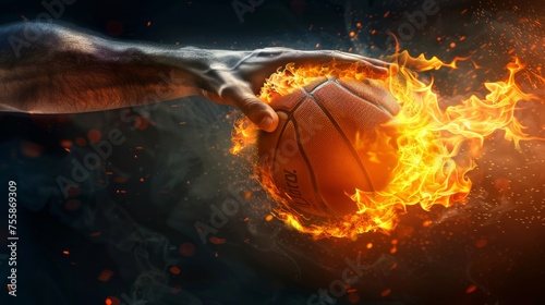 Hand throwing orange basketball ball burning on black background. Fast dribble motion, goal banner. Sun burst motion rays. March madness poster design. Red fire flames. Illustration