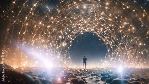a surreal dreamscape inspired by quantum physics, with fragmented realities and swirling particles in a cosmic dance of uncertainty