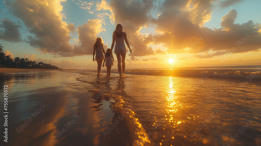 A woman with her daughters walks along the seashore at sunset. - obrazy, fototapety, plakaty 