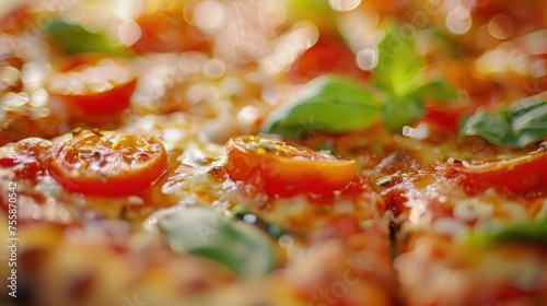 Close-up of a delectable pizza, served hot and fresh on the table.