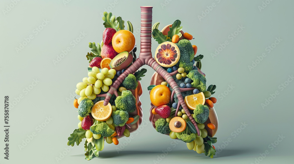 lungs structured in healthy fruits and vegetables - obrazy, fototapety, plakaty 