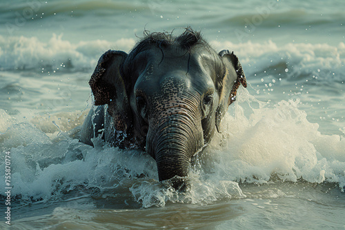 Baby elephant bathing in the river or ocean. Wildlife nature. Young elephant having fun in water. Exotic travel, tourism, summer vacation concept. World elephant day, save animals photo