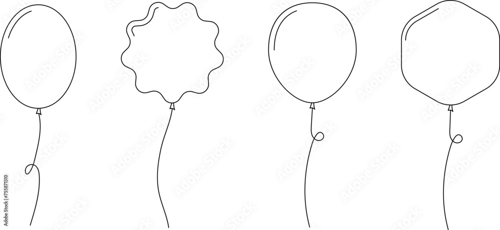 Balloon outline icons. Balloon with string in line cartoon style. Different shapes of ballons for birthday, party and wedding. Black contour of baloon silhouettes. Balloon outline icons. Balloon with string in line cartoon style. Different shapes of ballons for birthday, party and wedding. Black contour of baloon silhouettes.