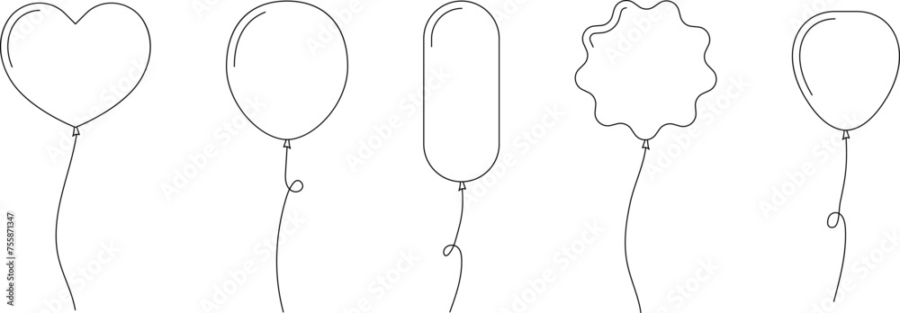 Hand drawn Balloon outline icons. Balloon with string in line Doodle, sketch style. Different shapes of ballons for birthday, party and wedding. Black contour of baloon silhouettes - obrazy, fototapety, plakaty 