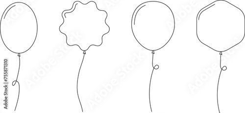 Balloon outline icons. Balloon with string in line cartoon style. Different shapes of ballons for birthday, party and wedding. Black contour of baloon silhouettes.