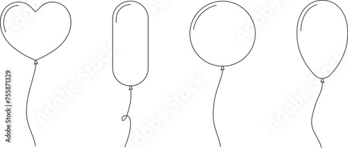 Balloon outline icons. Balloon with string in line cartoon style. Different shapes of ballons for birthday, party and wedding. Black contour of baloon silhouettes.