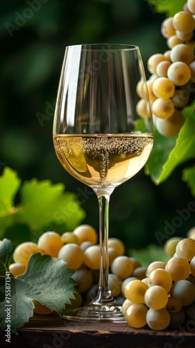 Glass of white wine half full with a few leaves from the vine and white grapes