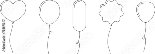 Hand drawn Balloon outline icons. Balloon with string in line Doodle, sketch style. Different shapes of ballons for birthday, party and wedding. Black contour of baloon silhouettes