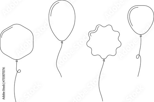 Hand drawn Balloon outline icons. Balloon with string in line Doodle, sketch style. Different shapes of ballons for birthday, party and wedding. Black contour of baloon silhouettes