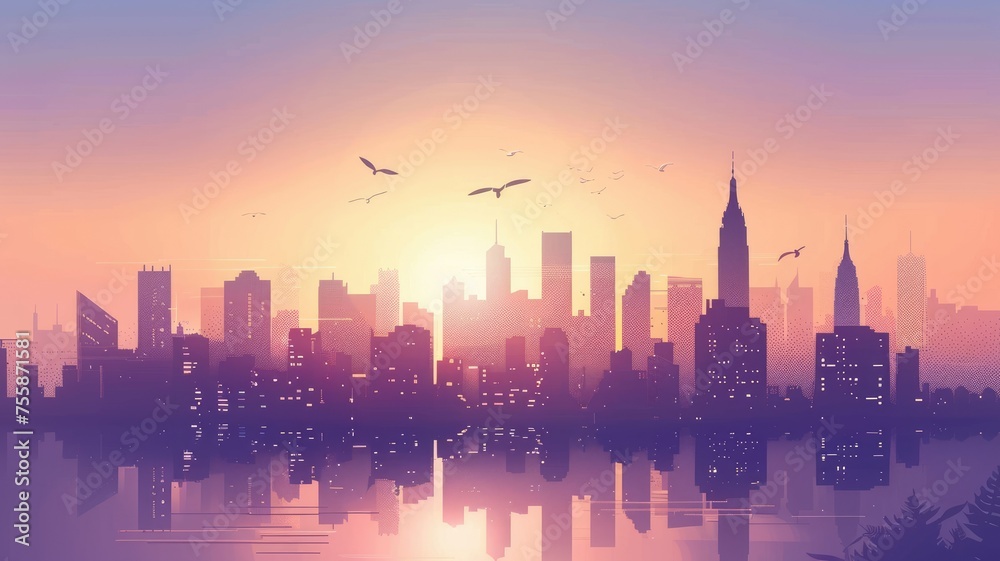 Sunset silhouette of birds over a city skyline - Calm, stylized sunset silhouette with birds flying over an urban landscape reflecting in the water below