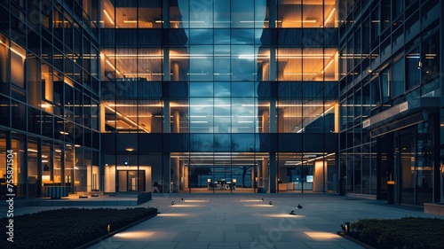 Modern illuminated office buildings at dusk - Twilight sets on a high-tech office complex with reflective glass creating a symmetrical pattern and a warm glow from within