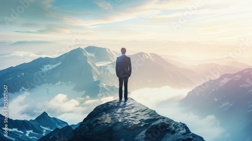 Solitary figure atop a mountain overlooking clouds - Silhouetted figure stands on a peak  gazing over a sea of clouds against a dramatic sky at sunrise