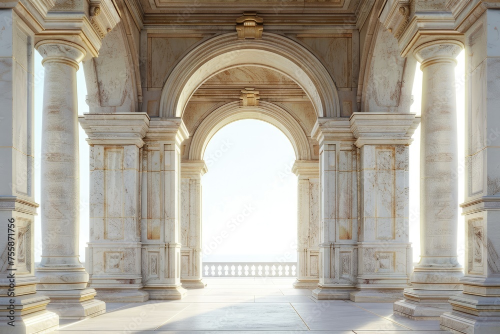 Classical architecture with sunlight streaming - Digital rendering of a classical architecture with sunlight casting a warm glow through archways