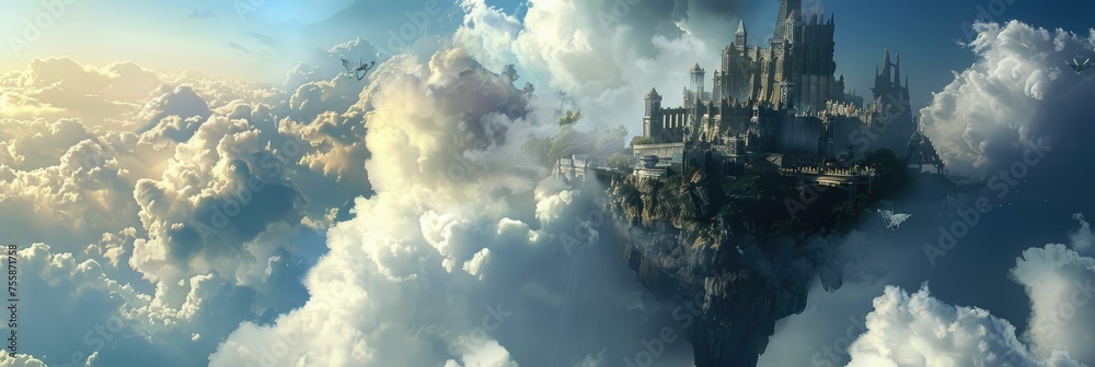 Clouds surround a floating fantasy castle at sunrise - Ethereal panoramic view of an imaginary castle floating among clouds bathed in the golden light of sunrise - obrazy, fototapety, plakaty 