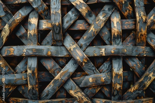 Close-up of intertwined rustic wicker texture - This image showcases the intricate detail and craftsmanship of a rustic wicker pattern with signs of wear