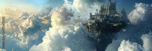 Clouds surround a floating fantasy castle at sunrise - Ethereal panoramic view of an imaginary castle floating among clouds bathed in the golden light of sunrise © Mickey